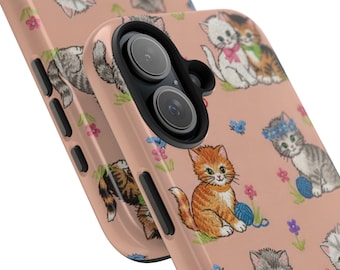 Funda para iPhone 17-11 con bordado de gato, adorables gatitos de estilo vintage, resistente y con un toque retro de dopamina.