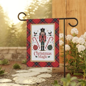 Nutcracker Christmas Magic Garden Flag | Garden Banner, Holiday Plaid candy cane winter welcome sign