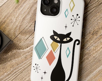 Funda para teléfono con diseño de gato moderno de mediados de siglo, diseño retro minimalista para amantes de los gatos, lindo gatito negro