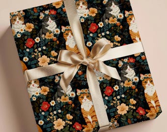 Cat Boho Flower Gift Wrap Paper, Floral wrapping paper for cat lover, Birthdays, Holidays, Special occasions, Decorative art gift wrap paper