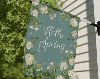 Bandera de jardín y casa de Hola primavera, bandera de porche delantero con flores blancas, bandera de césped para decoración de exteriores, letrero de bienvenida, letrero de patio, regalo floral para jardín