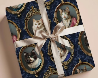 Papel de regalo con retrato de gato: papel de regalo rococó para amantes de los gatos, papel de regalo con marco victoriano, papel decorativo vintage para mascotas.