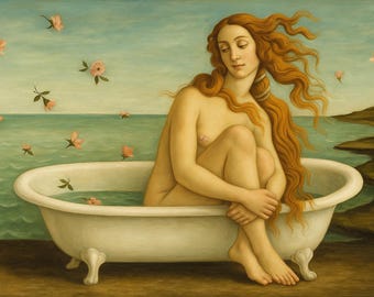 Venus Badewanne Poster, Badezimmer Wand Kunst Dekor, Baden Frau Kunstwerk, lustige Kunst, Vintage Stil surreale klassische Malerei Geschenk für ihn oder sie
