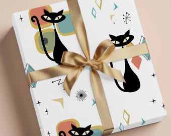 Papel de regalo de gato atómico, papel de regalo de gato negro moderno de mediados de siglo para cumpleaños, vacaciones, fiesta, regalo de amante de los gatos de estilo retro vintage para ella