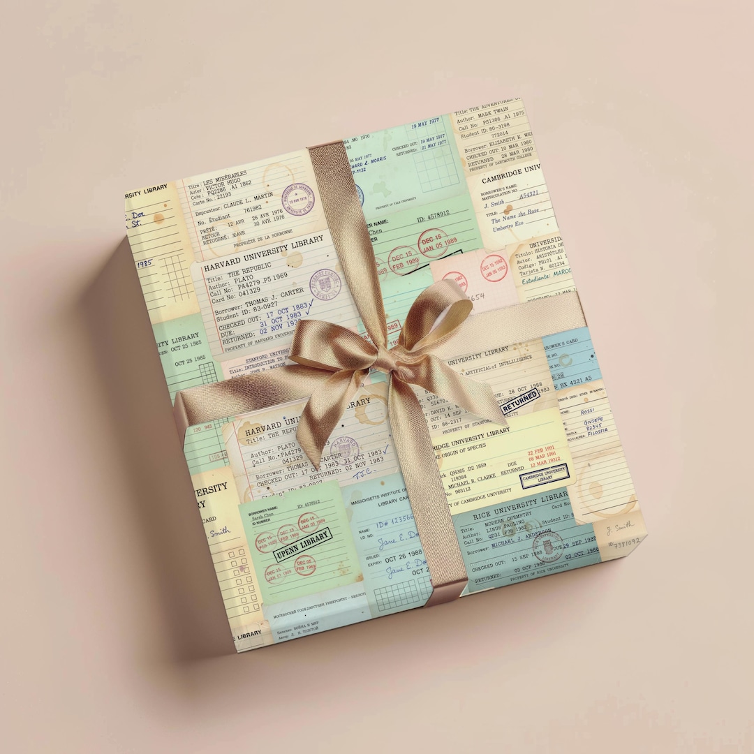 Vintage Library Card Wrapping Paper, Retro Book Lover Gift Wrap ...