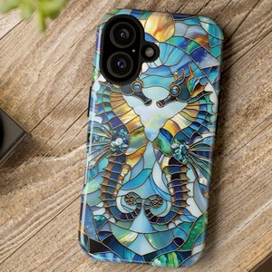 Seahorse Stained Glass phone Case iPhone 16-8 XR XS, Galaxy, Pixel phone case, Ocean coastal phone case, Sea nautical beach glass phone case