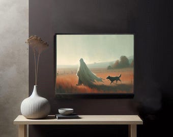 May include: A rectangular wall art print depicting a figure draped in a white sheet walking through a golden field with a black dog on a leash. The artwork is displayed above a light wood bench featuring a white ribbed vase with dried stems.
