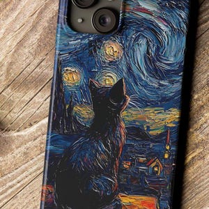黒猫の携帯ケース 星空の夜 iPhone 16 15 14 13 12 11 X 9 8 7 XR XS ケース 猫好きのギフト 油絵携帯ケース ゴッホアートスタイルケース