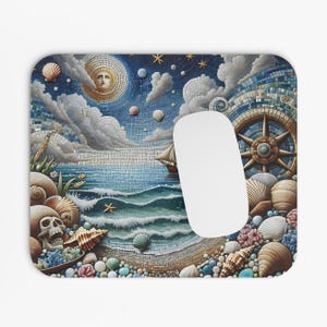 May include: A blue and white mosaic mouse pad with a seashell and nautical theme. The pad features a compass, a ship, a sun, and a starry night sky. The mouse pad has a cutout for a mouse.
