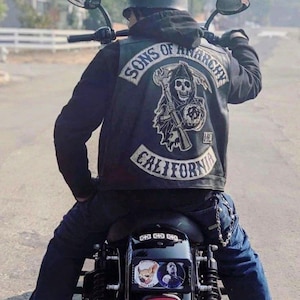 SOA Vest Sons of Anarchy Vest in Black Blue Patches Leather Vest for Men MC club Leather Vest Personalized  Black Biker vest gift for him
