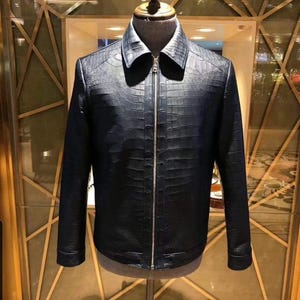 Blouson en cuir de crocodile pour homme fait main en cuir d'alligator texturé en relief pour homme Blouson de motard en cuir véritable pour homme, cadeaux pour lui