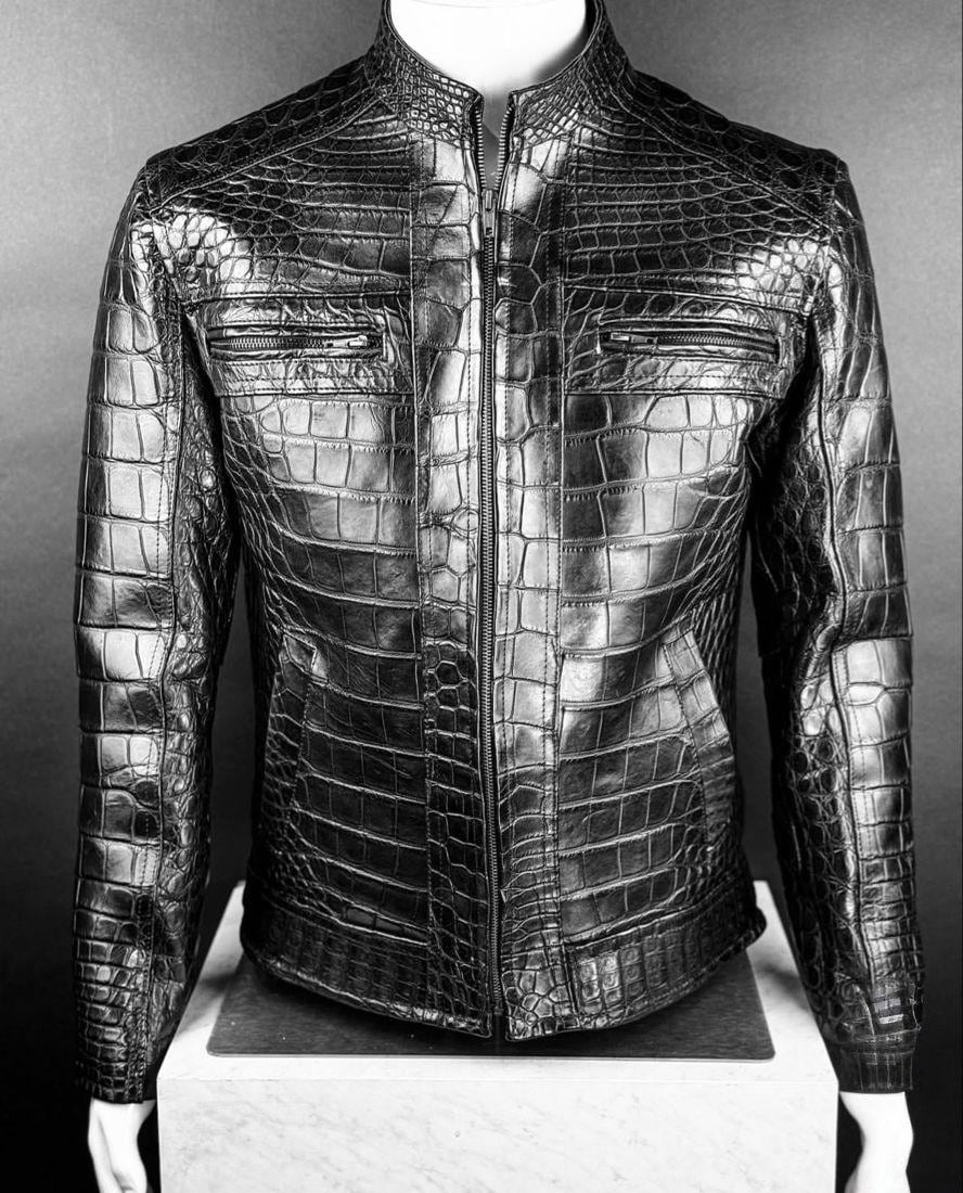 Embossed Crocodile Leather Biker Jacket: Alligator Texture