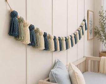 Blue Green Nursery Garland | Yarn Tassel Garland with Wooden Beads | Boho Baby Room Decor | Baby Shower Gift | Neutral Nursery Decor