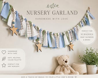 Fabric Garland for Nursery, Kids Room Decor, Wedding Garland, Photo Backdrop Banner, Handmade Party Decoration. Wooden star embellishment.
