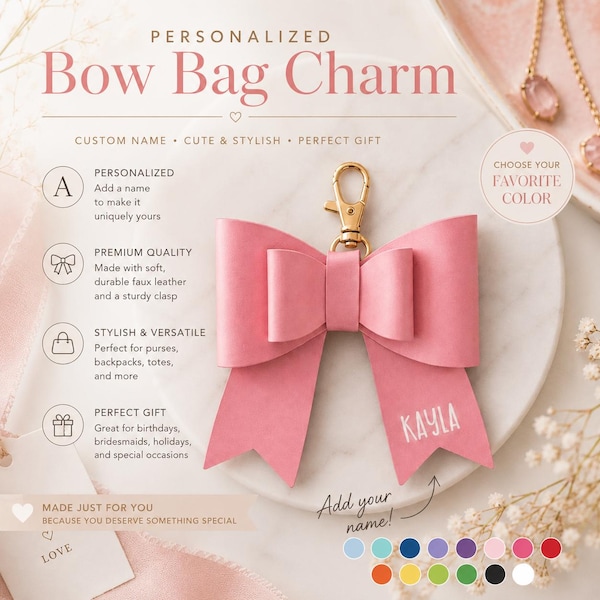 Handmade Leather Double Bow Purse Charm | Personalized Faux Leather Bow Bag Charm - Tote Bag | Coquette Leather Purse Charm