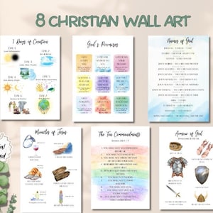 Op de afbeelding: Acht christelijke wandkunstprints met aquarel illustraties. De prints tonen de 7 dagen van de schepping, Gods beloften, namen van God, wonderen van Jezus, de tien geboden en het harnas van God. De tekst "Digitale download" is ook zichtbaar.
