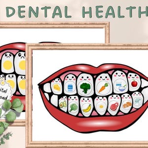 May include: A colourful illustration of a mouth with teeth, showing different foods that are good for dental health. The foods include broccoli, carrots, water, cheese, eggs, avocado, banana, and milk. The text "Dental Health" is at the top of the image.