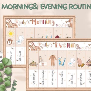 Puede incluir: Dos tablas de tareas enmarcadas con el texto "Morning & Evening Routine" y "Emily's Morning Routine" y "Emily's Evening Routine". Las tablas tienen ilustraciones y texto para tareas diarias como "Despertar" y "Cenar".