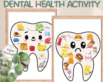 May include: Two cartoon teeth, one smiling and one frowning, with different foods around them. The smiling tooth has healthy foods like milk, yogurt, cheese, and fruit. The frowning tooth has unhealthy foods like chips, candy, and soda. The text "DENTAL HEALTH ACTIVITY" is at the top of the image.