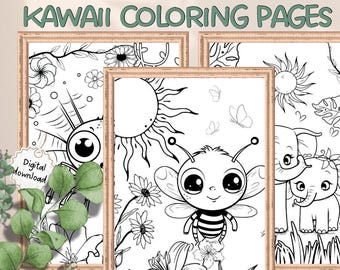 Kawaii printable coloring pages for kids and adults, cute coloring pages, bundle printable coloring pages with animals, digital download