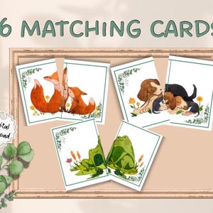 Animals Matching Game For Kids, Symmetry Puzzle,Mother and baby animal matching cards Printable Toddler Preschool Montessori Flashcards