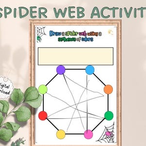Op de afbeelding: Een printbare spinnenwebactiviteit voor kinderen. De activiteit vraagt ​​kinderen om een ​​spinnenweb te tekenen met behulp van een reeks kleuren. De printbare afbeelding bevat een kleurrijk achthoek met acht cirkels rond de omtrek, een spinnenweb en een spin.