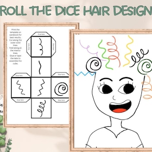 May include: Two framed illustrations. One shows a cube template with hair design options. The other is a drawing of a smiling face with colorful curly hair. Text reads "ROLL THE DICE HAIR DESIGN" and "Digital download".