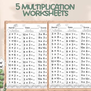 May include: Two multiplication worksheets with math problems are displayed. The worksheets are framed in a light brown border and have a header that reads "5 Multiplication Worksheets". The worksheets are designed for educational purposes.