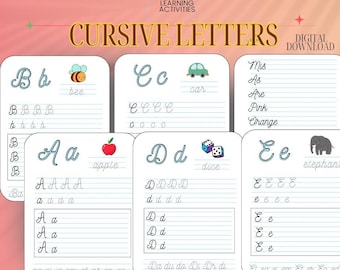 Schreibschrift Arbeitsblätter zum Ausdrucken 30 Seiten mit Buchstaben und Wörtern, Schreibschrift für Kinder, A bis Z Alphabet