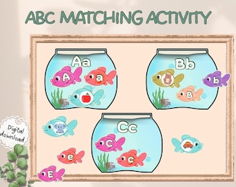ABC-zoekactiviteit vissen | Alfabetcombinatiespel voor kinderen | Afdrukbaar voorschools leren | Match hoofdletters en kleine letters