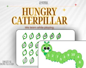 May include: A printable educational activity for kids featuring a green caterpillar with numbers on each segment. The activity includes a matching game with leaves and black dots.