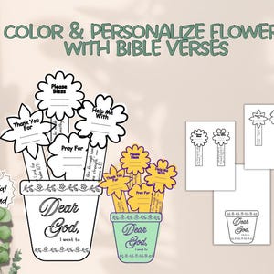 Puede incluir: Descarga digital de plantillas de flores con versículos bíblicos. Las flores están en una maceta con el texto "Querido Dios, quiero". La imagen incluye una versión en blanco y negro y una versión en color.