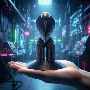May include: A 3D-printed black object with a textured surface, featuring a wide circular base, two arched supports, and a teardrop-shaped top section holding a smooth, metallic silver sphere at its peak, set against a digital tech background.