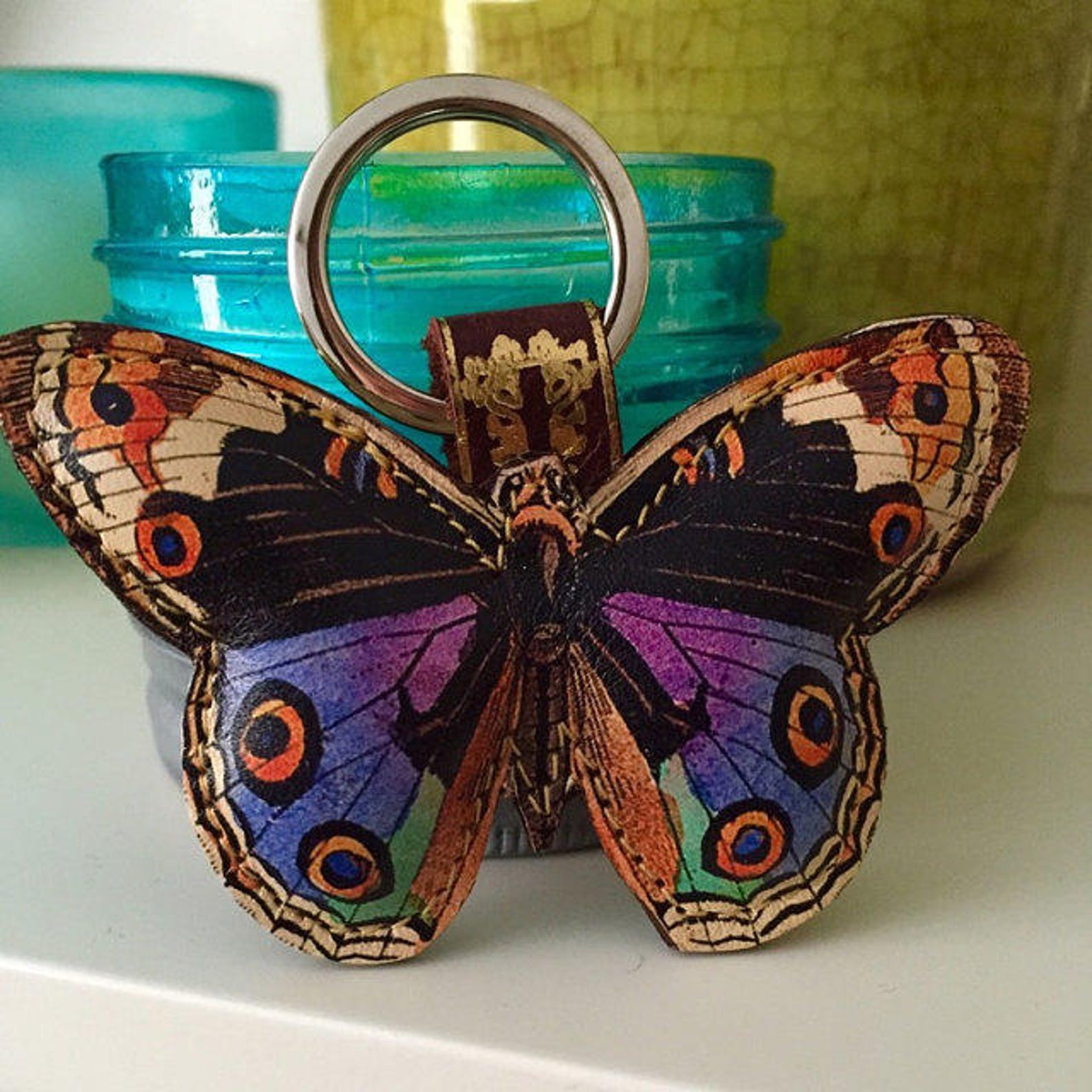 Leather butterfly keychain / key ring / bag charm Colourful Etsy