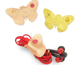 Leather cable tidy, cable organiser, headphone holder, cord tidy: Vintage Botanical Butterflies - Monarch Butterfly