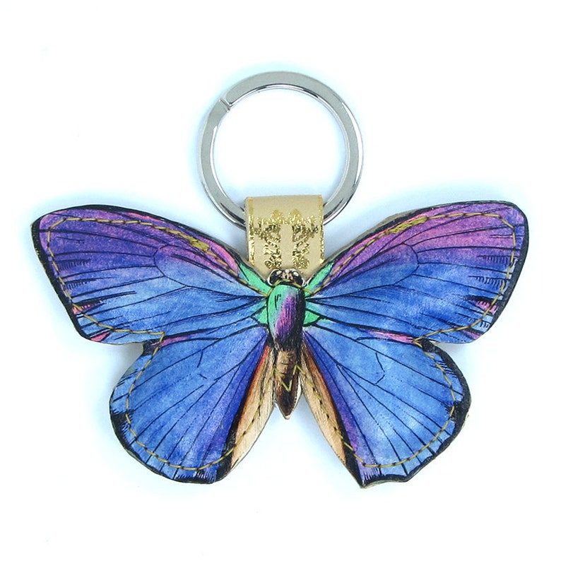 Special edition Leather keychain / key ring / bag charm - Blue butterfly with floral backing leather 