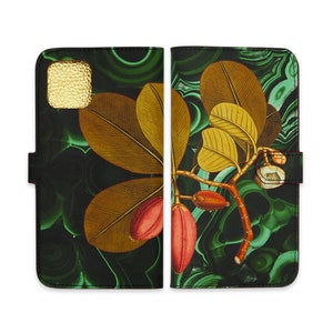 Leather iPhone 15 Pro Max Folio Case, iPhone 14 Pro Max, iPhone 13 Pro Case, iPhone 13 : Malachite and Flowers