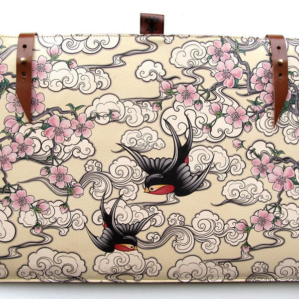 Leather 11 inch MacBook Air case - Cherry blossom and Swallows design