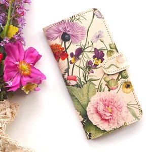 Floral leather iPhone 15 Pro Max case, iPhone 14 Pro, iPhone 13 Pro - English Flower Garden, printed leather by British designer Tovi Sorga