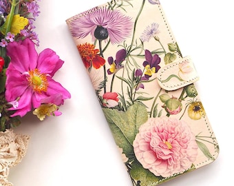 Floral leather iPhone 15 Pro Max case, iPhone 14 Pro, iPhone 13 Pro - English Flower Garden, printed leather by British designer Tovi Sorga