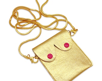 Monedero de piel dorada con forma de pezón y correa: Divertido monedero de piel con pezones rosados, Monedero de piel nudista, Regalos divertidos para mujeres, Regalos feministas