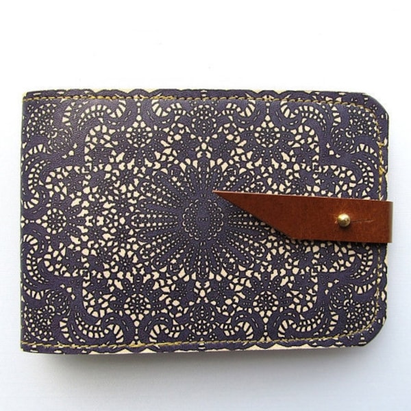 Leather card case/ Oyster card holder - Purple lace design