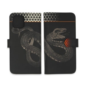 Funda de piel para iPhone 15 Pro Max, funda de piel para iPhone 13 Pro Max, funda tipo billetera para iPhone 14 Pro - Estampado geométrico de serpiente negro - Tovi Sorga