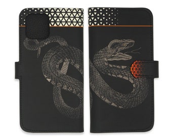 Leather iPhone 15 Pro Max Case, Leather iPhone 13 Pro Max cover, iPhone 14 Pro Wallet case - Black Geometric Snake Print - Tovi Sorga