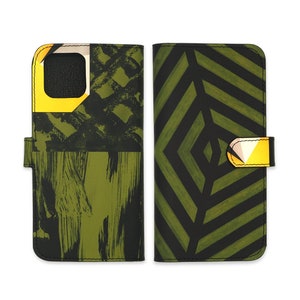 Leather iPhone 15 Pro Max Case, iPhone 14 Pro, Leather iPhone 13 Pro Max cover - Zulu Green & Black Striped Modern Print