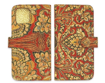 Leather iPhone 15 Pro Max, Leather iPhone 14 Pro Max case, iPhone 13 Pro case - Red Vintage Tapestry Design