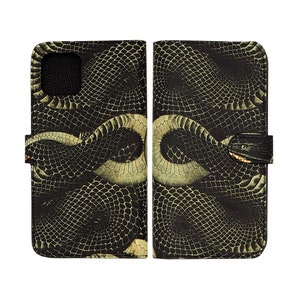 Cartera de cuero genuino con estampado de serpiente iPhone 15 Pro Max Folio Case, iPhone 14 Pro Case, iPhone 13 Pro case, iPhone 15: Snake's Kiss