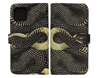 Snake Print Genuine Leather Wallet iPhone 15 Pro Max Folio Case, iPhone 14 Pro Case, iPhone 13 Pro case, iPhone 15: Snake's Kiss