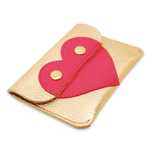 Monedero de piel con bonito motivo de corazón en rosa y dorado - Tarjetas, cordones, monedas, billetes y recuerdos.