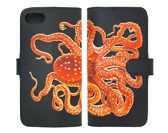Könnte beinhalten: Eine schwarze Leder-Handyhülle mit einer bunten Illustration eines Kraken. Der Krake hat orange und weiße Flecken und ist von seinen Tentakeln umgeben.